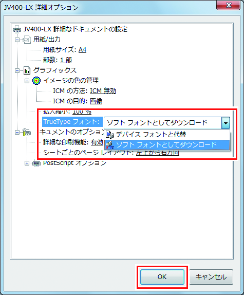 プリンターの詳細オプション画面