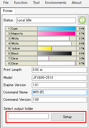 JFX600 printer status screen