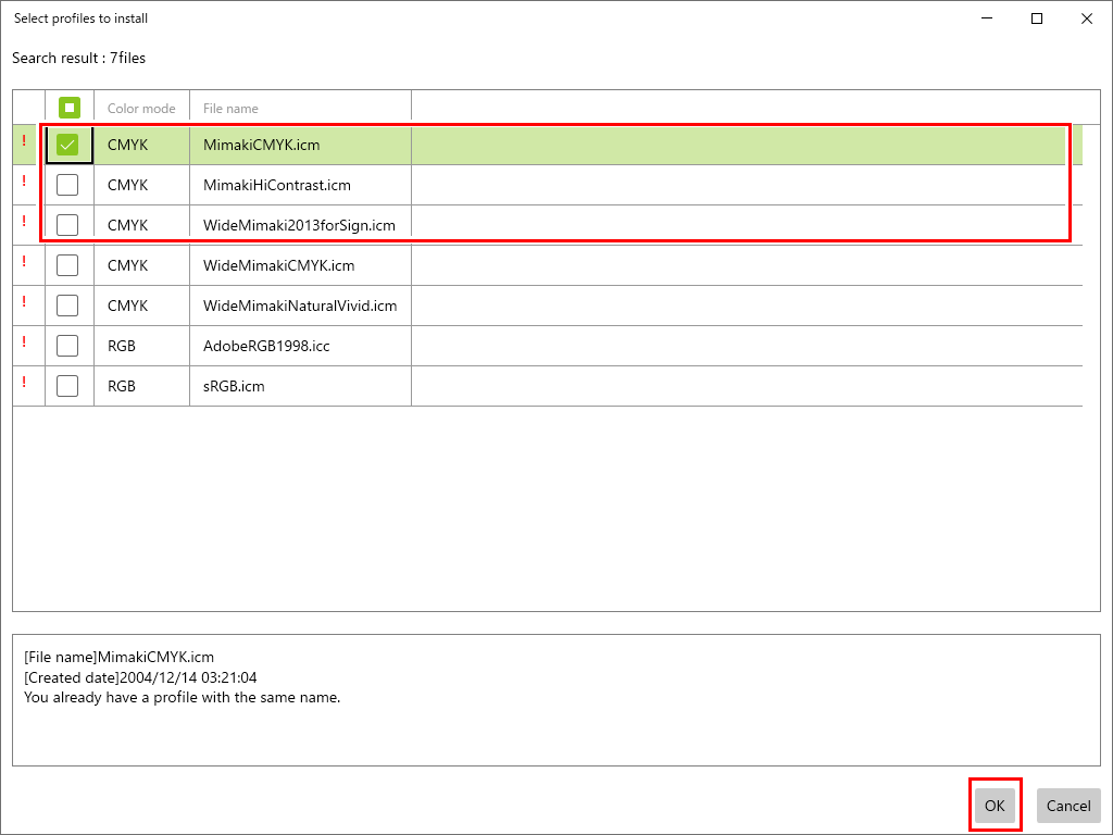 Screen to select the profiles to be installed and then click [OK]