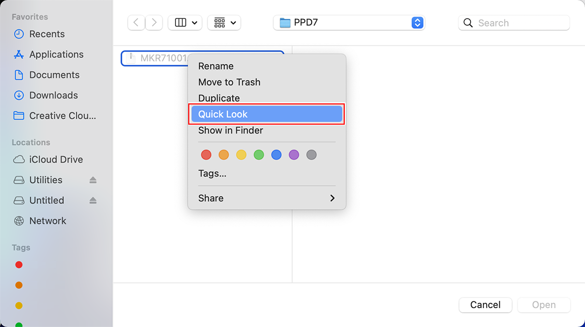 Select Quick Look screen