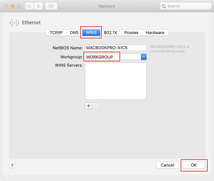 Network detail screen with WINS tab selected