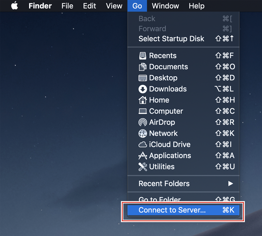Connect to Server screen with the Connect to Server option selected from the navigation at the top of the screen