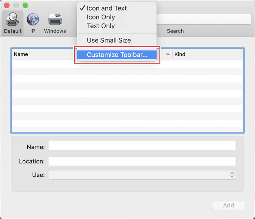 Add Printer screen with pop-up menu