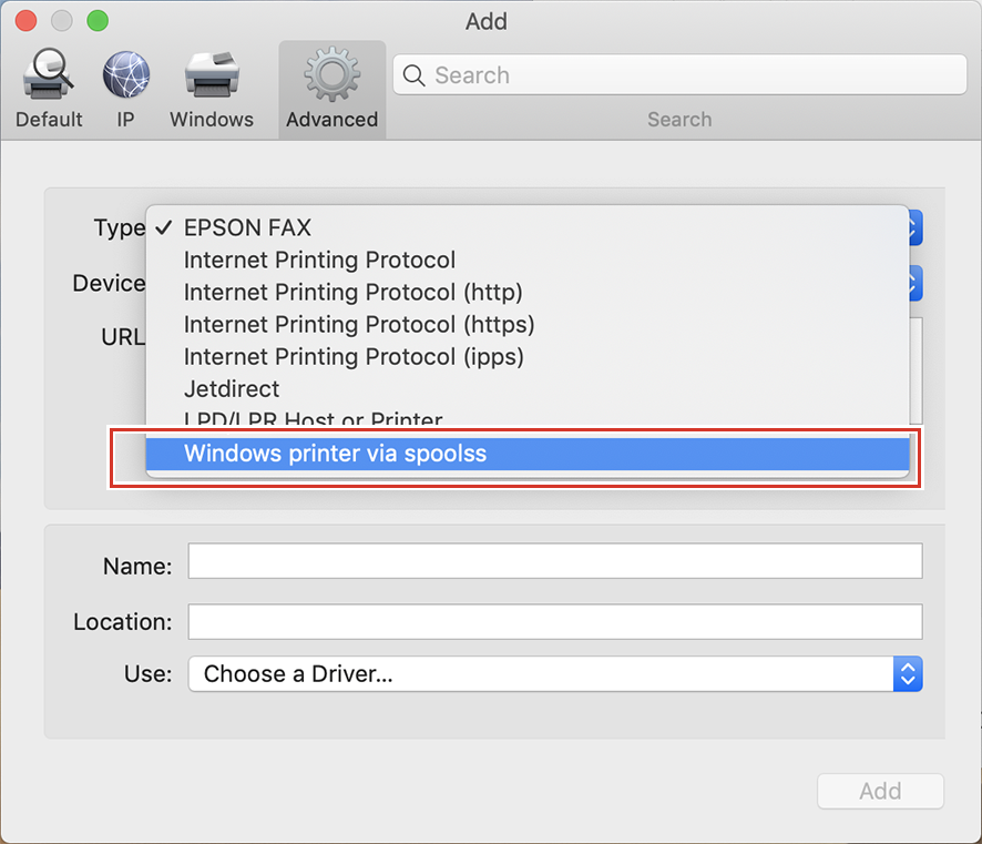 Add Printer screen with two menus