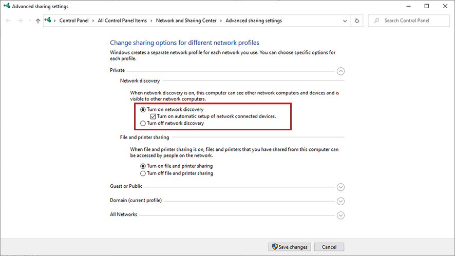 Advanced Sharing Settings screen