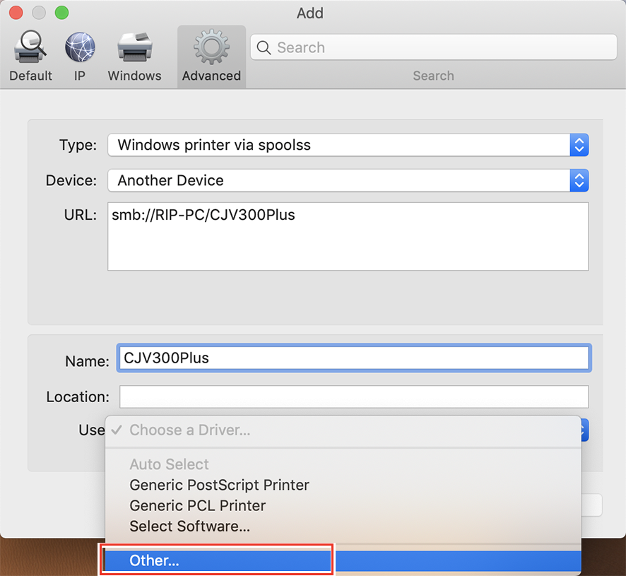 Add screen with "Other" selected from the driver menu