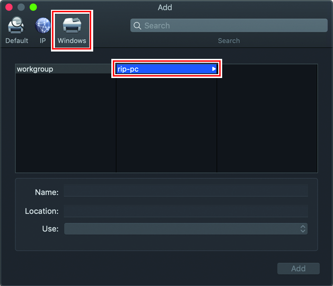 Add Printer screen with Windows selected