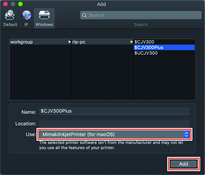 Add Printer screen with MimakiInkjetPrinter(for macOS) displayed in the driver section.
