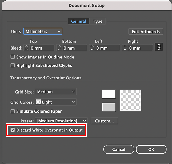 Illustrator's document settings screen