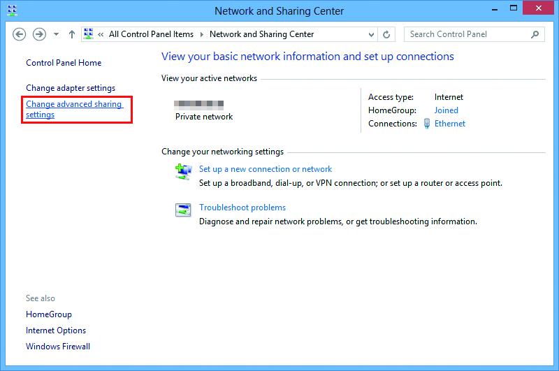 Network and Sharing Center screen