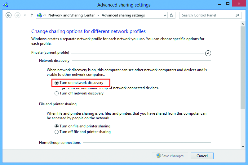 Advanced Sharing Settings screen
