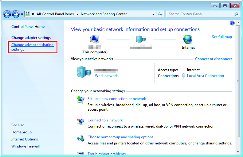 Network and Sharing Center screen