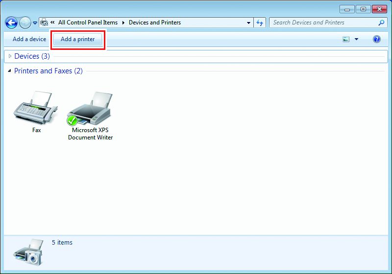 Devices and Printers screen