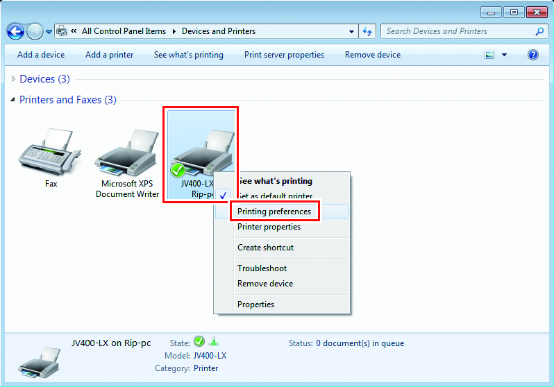 Devices and Printers screen showing the added printer