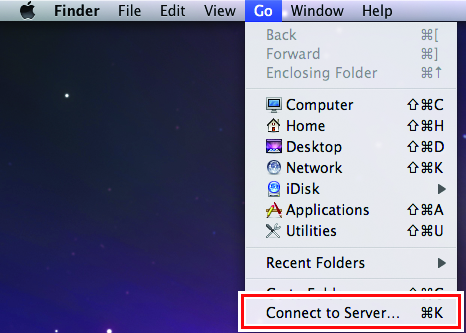 Image showing [Connect to Server] selected from [Go] at the top of the screen