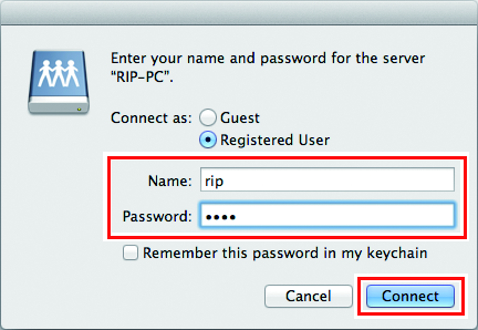 Screen showing [Registered User] selected and a name and password entered