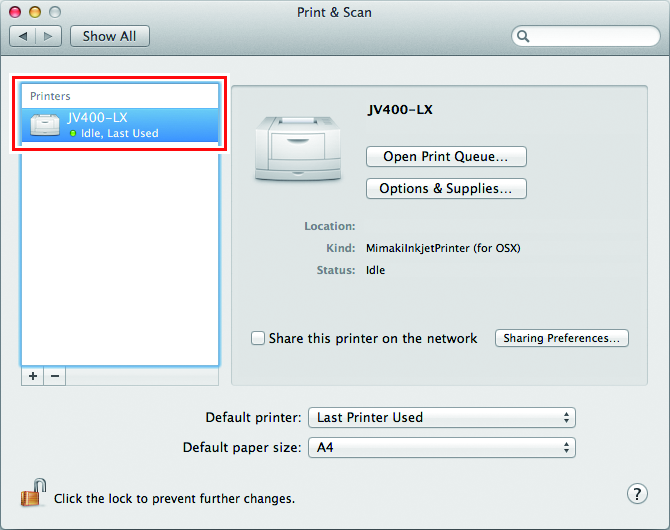 Print and Scan screen with the selected printer displayed