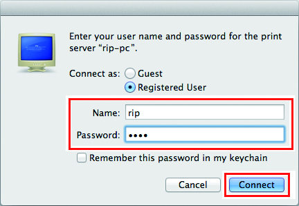 Screen showing [Registered User] selected and a name and password entered
