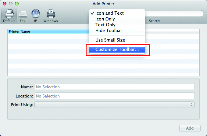 Add Printer screen showing a pop-up menu