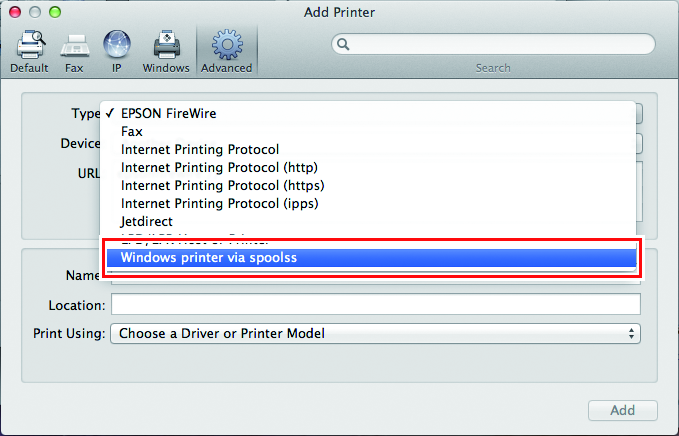 Add Printer screen showing the Type menu
