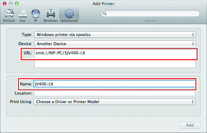 Add Printer screen with a URL and name entered