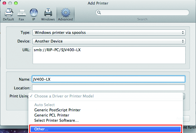 Add Printer screen with [Other] selected from the [Print Using] menu