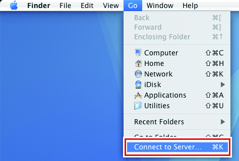 Image showing [Connect to Server] selected from [Go] at the top of the screen