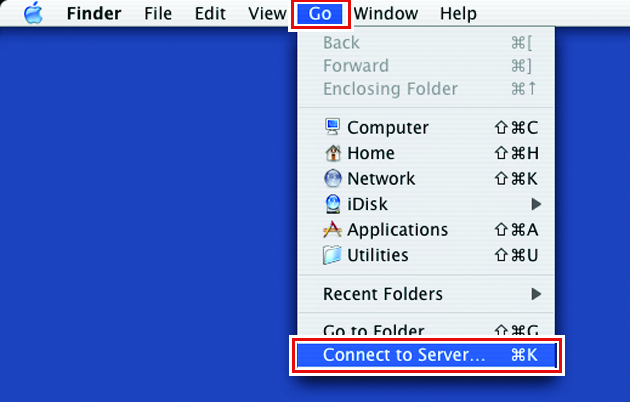Image showing [Connect to Server] selected from [Go] at the top of the screen
