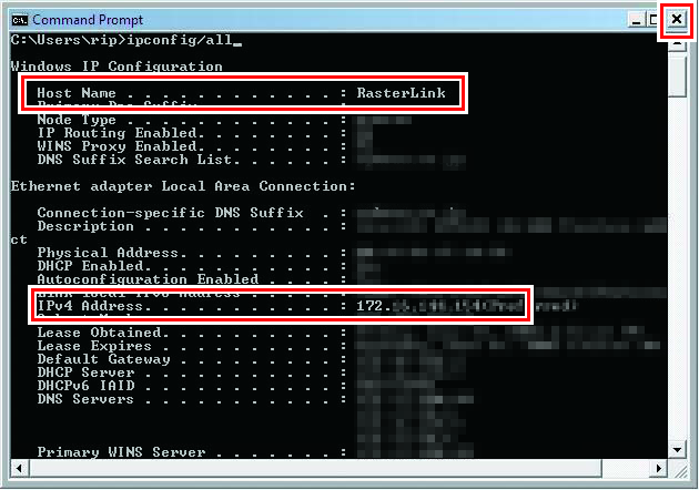 Command Prompt window showing the host name and IP address