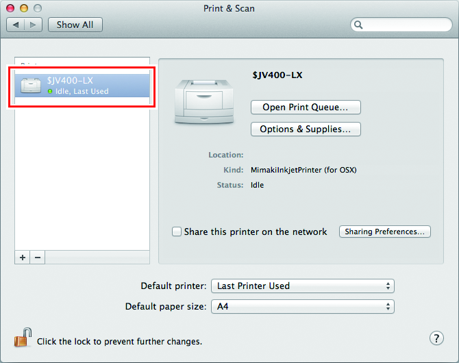 The Print and Scan screen displaying the selected printer