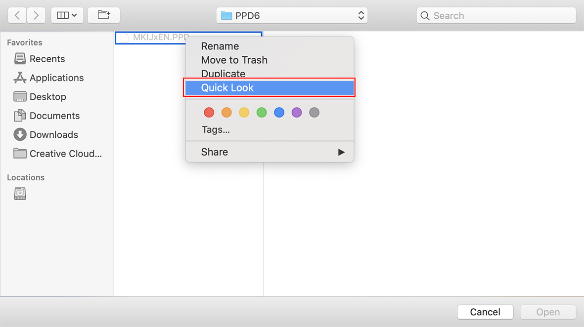 Select Quick Look screen